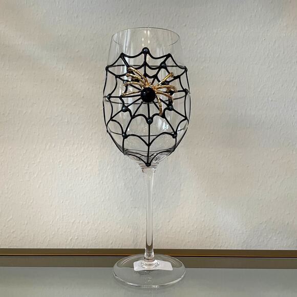 Gorgeous Halloween Jeweled Spider on Web with Pearl Wine Glass Set of 2 NEW - Picture 2 of 15
